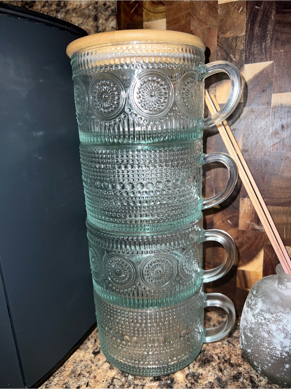 Stackable Textured Glass Mugs - Clear with Amber Rim